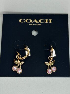 Coach Pink Cherry Charm Huggie Hoop Earrings Gold Tone